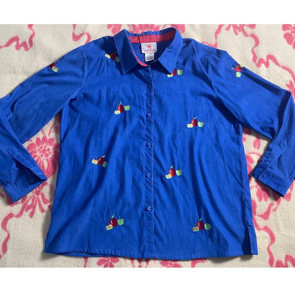 Vtg. Quacker Factory 100% cotton blue with apple embroidery casual SZ XL